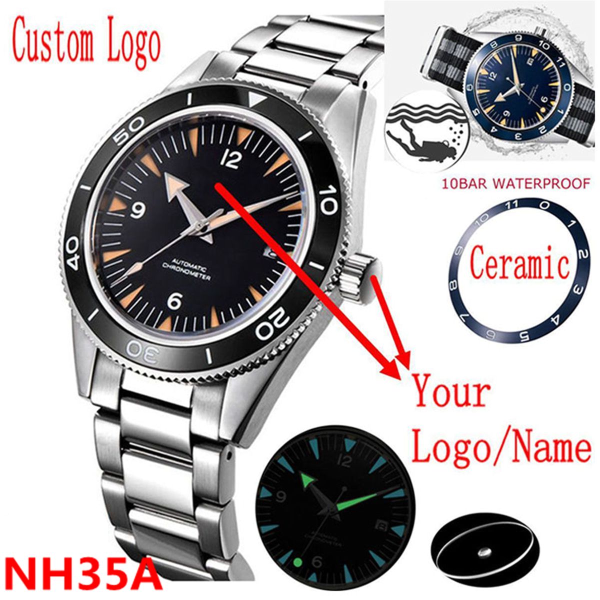 Luxury Ceramic Watch - Logo Kustom NH35 Jam Tangan Pergerakan